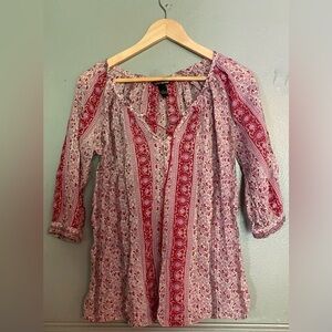 Lucky Brand Womens Size Small Boho Floral Stripe Red Pink Puffy Sleeve Top